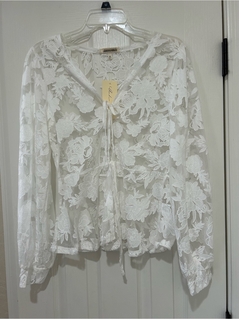 Amber Skies White Sheer Floral Lace Tie-Front Coverup Blouse NEW